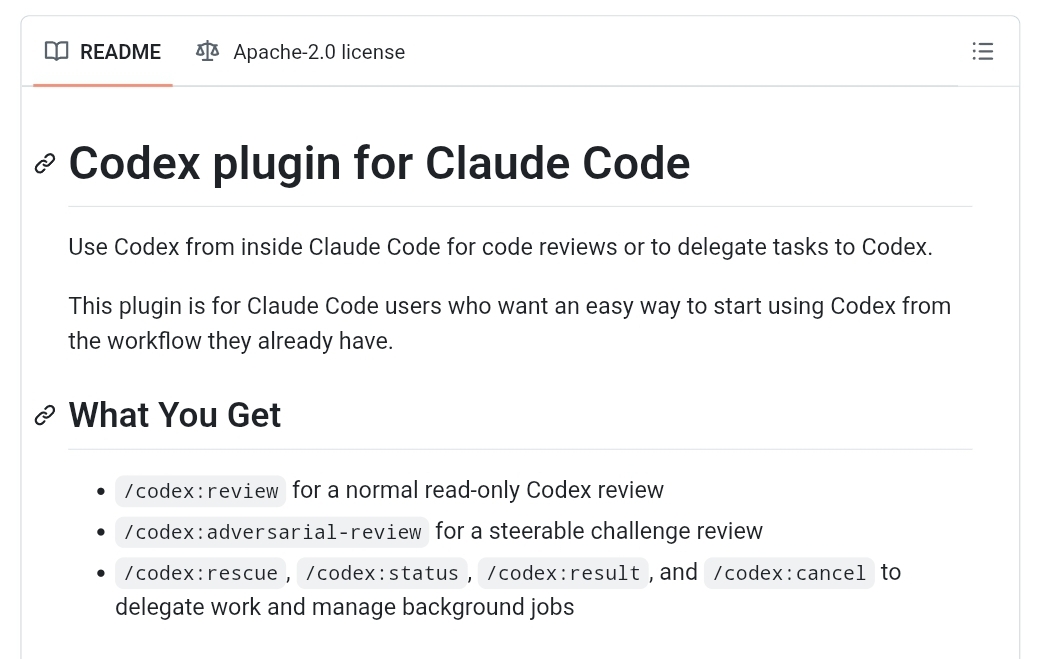 Claude Code 的 Codex 插件 README，展示审查和任务委派命令