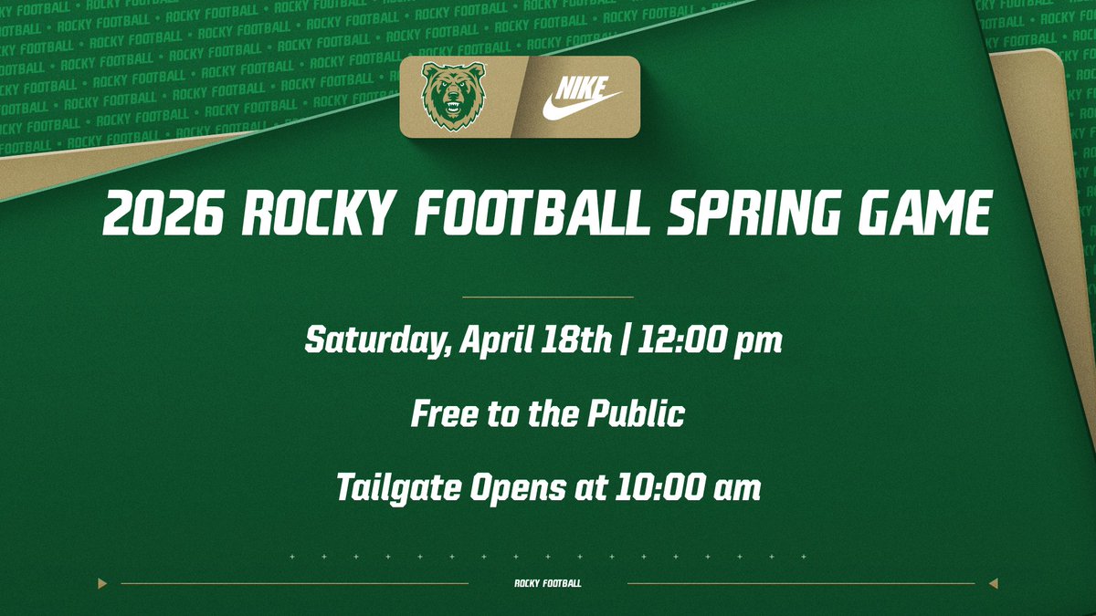 BattlinBears's tweet photo. The @Rocky_Football Spring Game this Saturday, kicking off at noon!

Game admission is free to all, and tailgate areas open at 10:00 am. 

Join us for the first look at the Coach Bandelow era of Rocky Football!

#GoBattlinBears https://t.co/kPgsLLJgvG