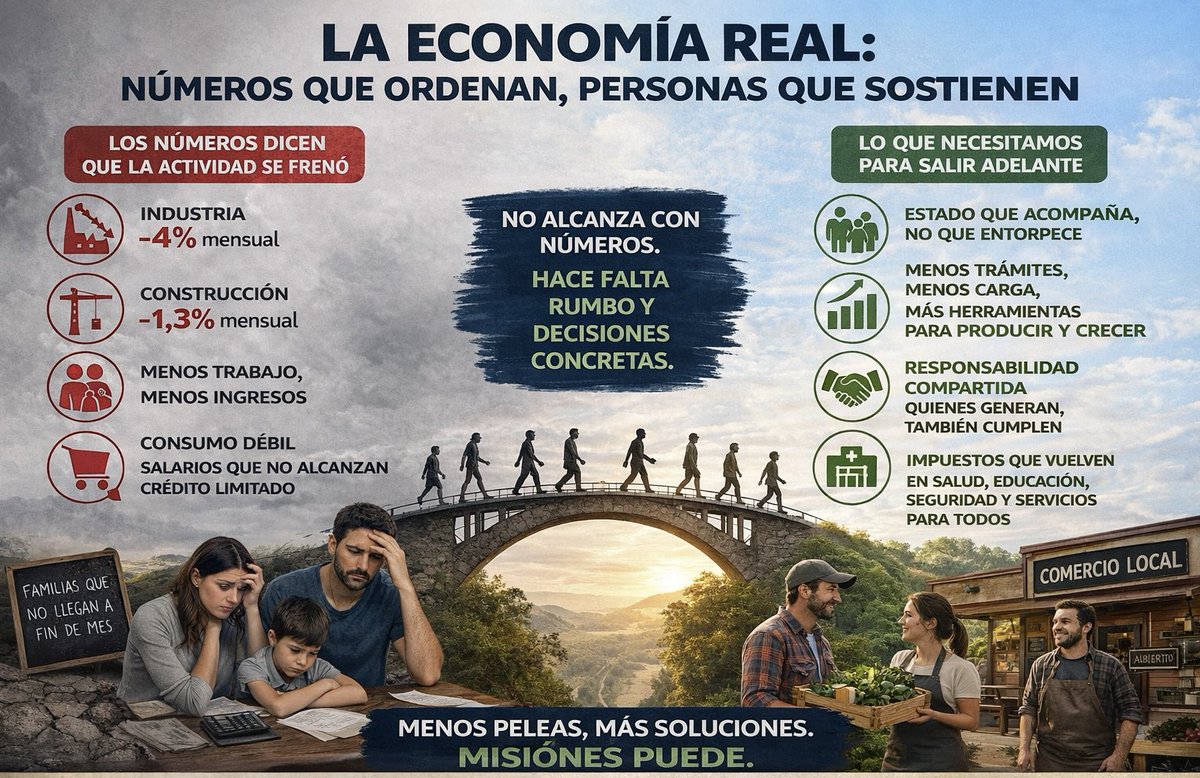 paulafrancook's tweet photo. Hoy en Argentina hay una economía que “parece ordenada” en los números… pero que en la vida real se siente cada vez más difícil.
Y esa diferencia importa. Mucho.

¿Qué significa esto?
Que el dólar está tranquilo, los mercados están más calmos…
pero la actividad está frenada.

Menos obra. Menos movimiento. Menos trabajo. La industria cae. La construcción cae. Y eso no es técnico:
👉 significa menos empleo
👉 menos ingresos en las familias

Muchos dicen: “ya se va a acomodar solo”.
Pero la realidad es que hoy:
❌ el salario no alcanza
❌ el crédito no aparece o aparece solo para algunos
❌ y cada vez cuesta más llegar a fin de mes

Entonces la pregunta es simple:
¿De dónde va a venir la reactivación?
Porque sin consumo y sin crédito, el crecimiento no arranca.

Y mientras tanto, vemos algo preocupante:
dirigentes que hablan con números como si eso fuera suficiente…pero que no pisan la realidad de las familias.

Decir que “no pasa nada” o que “hay que ordenar” sin entender lo que vive la gente, no es ser serio. Es no conocer el territorio.
En Misiones lo sabemos bien:
detrás de cada productor, comerciante o emprendedor hay esfuerzo real, todos los días. No planillas de Excel.

Y por eso, sinceramente, cansa ver cómo algunos se tiran la pelota
sobre quién tiene la culpa del momento económico.
La gente no necesita culpables. Necesita soluciones.

Tenemos que hacer también una mirada hacia adentro: el Estado tiene que acompañar. No puede ser un obstáculo. Tenemos que dejar atrás esa lógica de estar “encima” como si el que produce estuviera en falta.
Necesitamos un cambio de paradigma:
👉 menos persecución
👉 más acompañamiento
👉 más herramientas para producir y crecer

Pero también hay algo importante:
quienes generan actividad económica tienen un rol clave.
Porque en un contexto donde muchas familias no llegan a fin de mes,
sostener el sistema también es un acto de responsabilidad.
Pagar impuestos no es solo una obligación. Es lo que permite, por ejemplo,  que alguien pueda ir a un hospital y ser atendido. Y eso, en momentos difíciles, vale todo.

Salir de esta situación no va a ser con slogans, ni con recetas repetidas. Va a ser con decisiones concretas, con equilibrio y con una mirada real sobre lo que está pasando. Y sobre todo, empujando todos hacia el mismo lado.