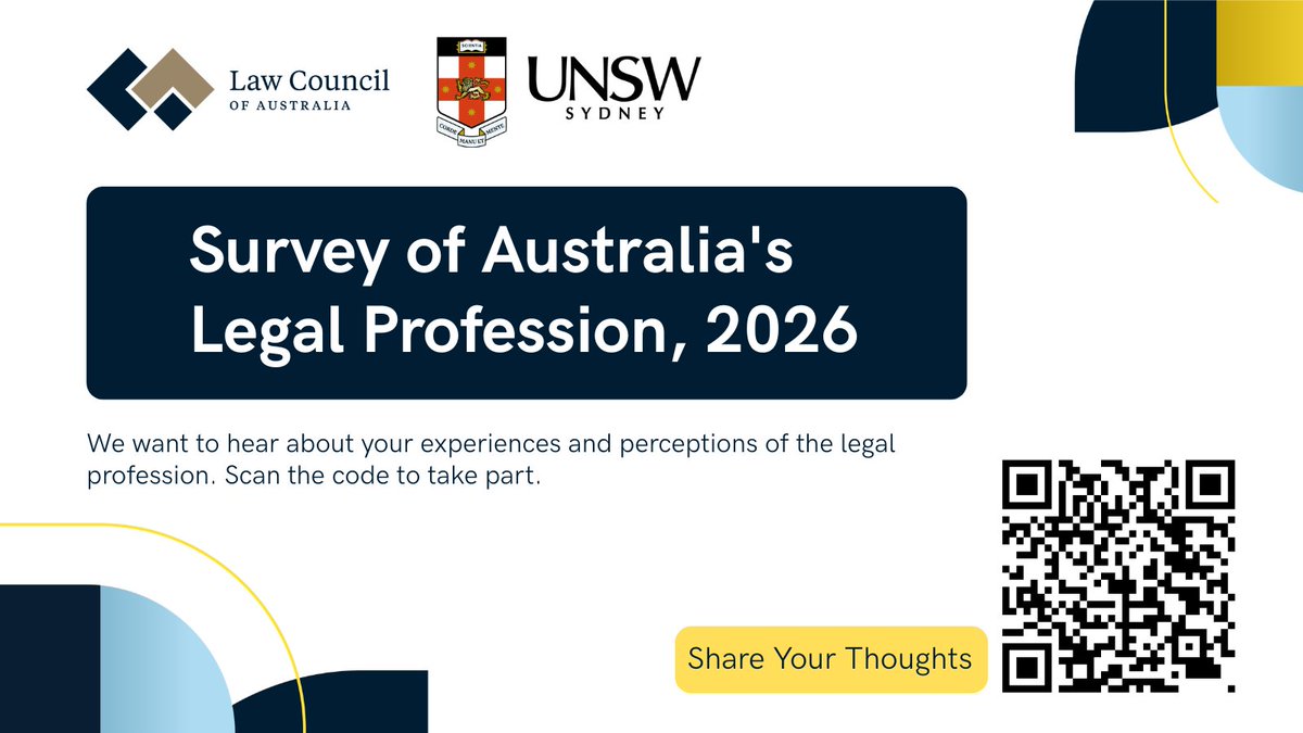 thelawcouncil's tweet photo. Don’t miss your chance to take part in a national survey focused on Australia's legal profession, conducted by @UNSW and in partnership with the LCA. The survey will close on 24 April 2026. 👉https://t.co/oKGnXA5cl8 https://t.co/E8o6DJYKAp