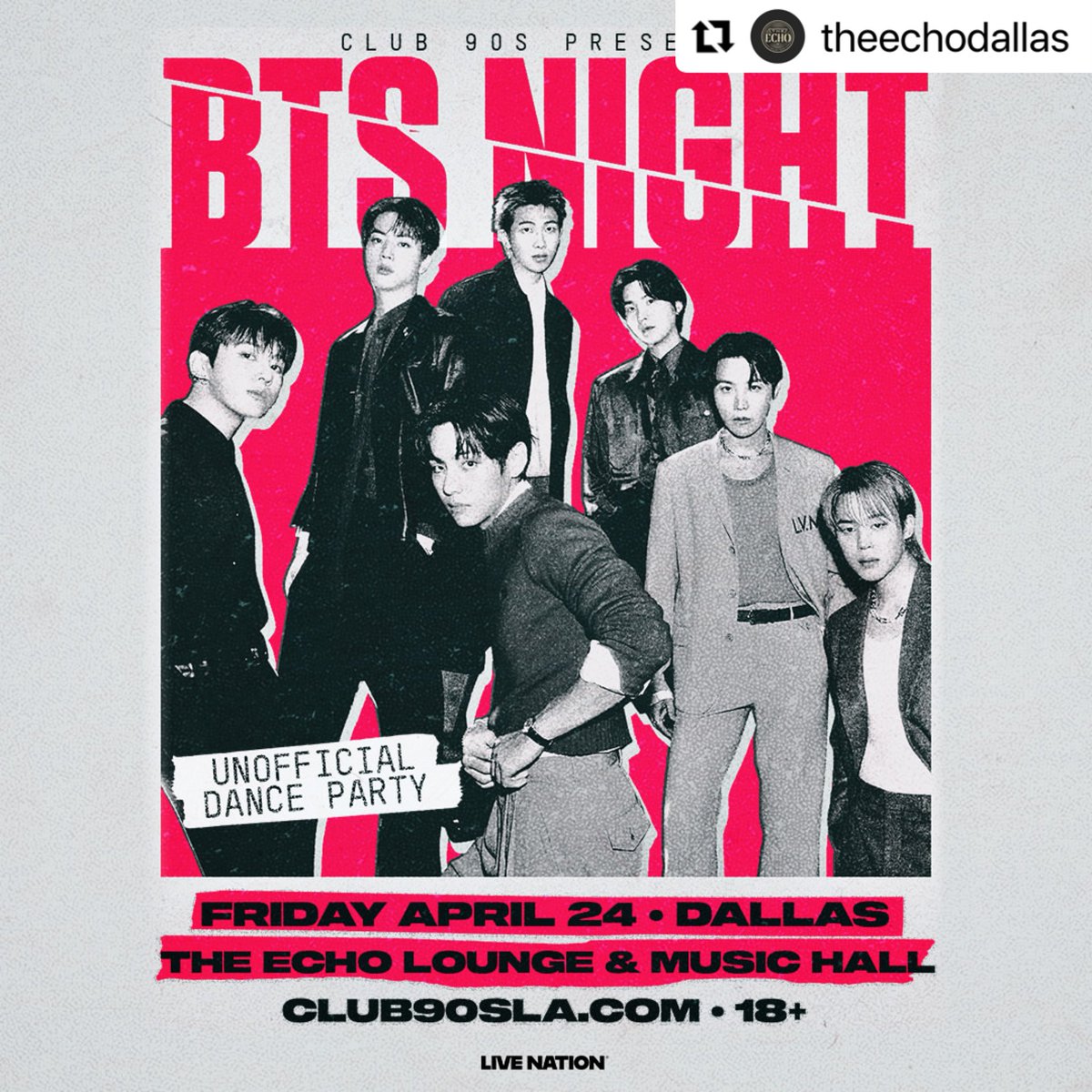 Repost @/theechodallas 
・・・
🔥 JUST ANNOUNCED &amp; ON SALE NOW!🔥

Club 90s Presents: BTS Night is taking over The Echo Lounge &amp; Music Hall on Friday, April 24th!

🎫 Ages 18+ | Get tickets at the link in bio!