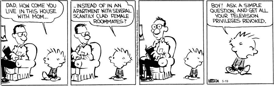 Calvinn_Hobbes's tweet photo. Ask a simple question, lose your TV privileges. Some doors are better left unopened.
#CalvinandHobbes #LearnedTheHardWay https://t.co/Kuu9HmrBh7