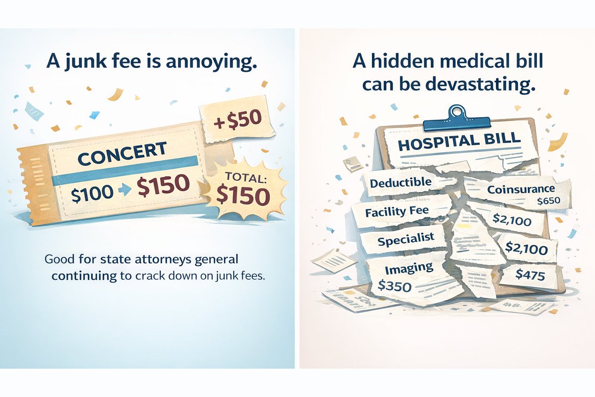 tjtedesco's tweet photo. Crack down on junk fees? Good.

Now do healthcare. A surprise concert fee is frustrating. A surprise medical bill can financially devastate a family.

Deductible. Coinsurance. Facility fees. Specialist bills. Drugs. Labs. Imaging. More bills weeks later.

Price transparency now! https://t.co/yzriQRZMTv