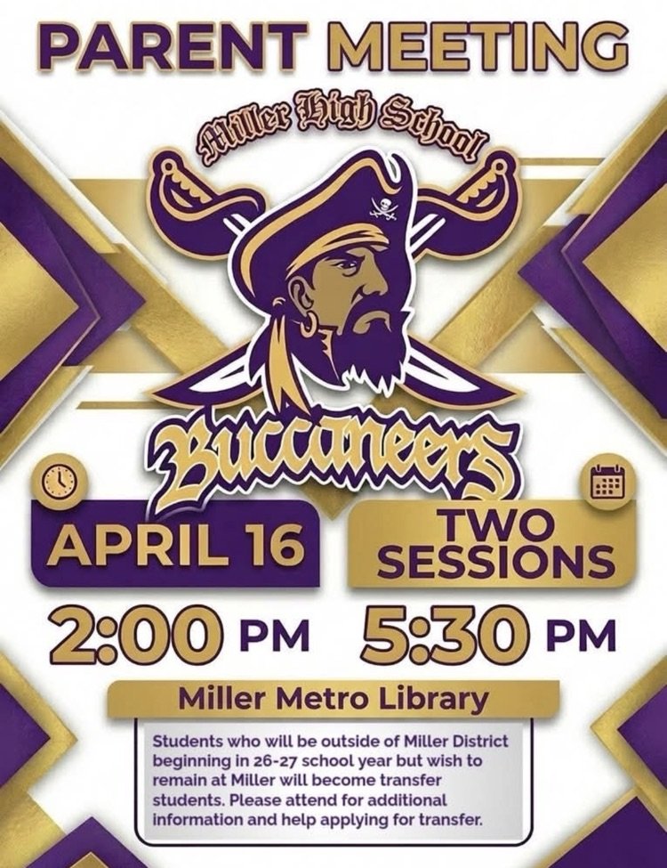 MM_BucNation's tweet photo. Parent Meeting: Join us Thursday, 4/16 for more information on student transfers. 
Two opportunities to attend.
2:00 pm &amp; 5:30 pm
Miller Metro Library https://t.co/qFhaHrXMVO