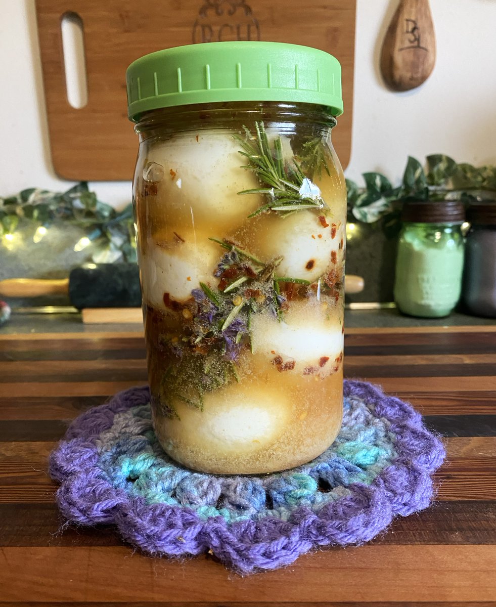 HeidiRain's tweet photo. Fresh rosemary (with the flowers), garlic and red pepper fermented hard boiled eggs from our chickens. Love this time of year! https://t.co/DxrkmSEg1w