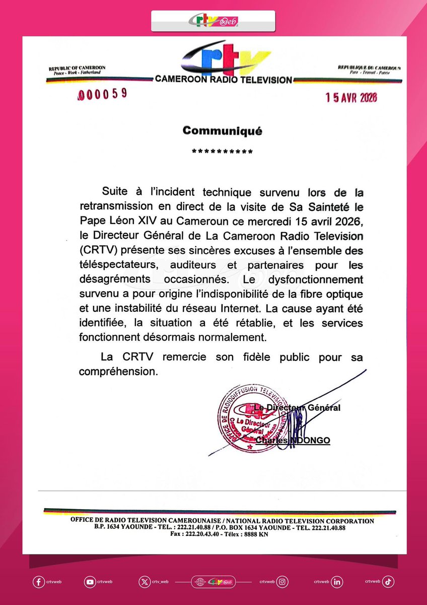CRTV_web's tweet image. Le communiqué du Directeur Général de la #CRTV, suite à l'incident technique lors du direct sur le voyage apostolique du Pape Léon XIV au Cameroun, ce mercredi 15 avril 2026.