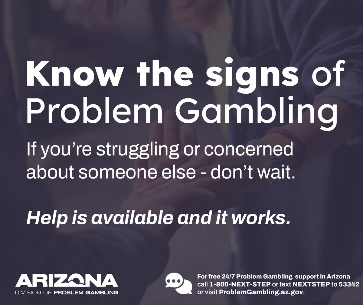 ArizonaDPG's tweet photo. It's important to know the signs of #ProblemGambling ⤵️
- Sudden behavior changes
- Relationship strain
- Financial stress
- Gambling becoming all-consuming

🫂 If you’re struggling - or concerned about someone else - don’t wait.
 
📲 Help is available. Text NEXTSTEP to 53342. https://t.co/U82gPfbqeM