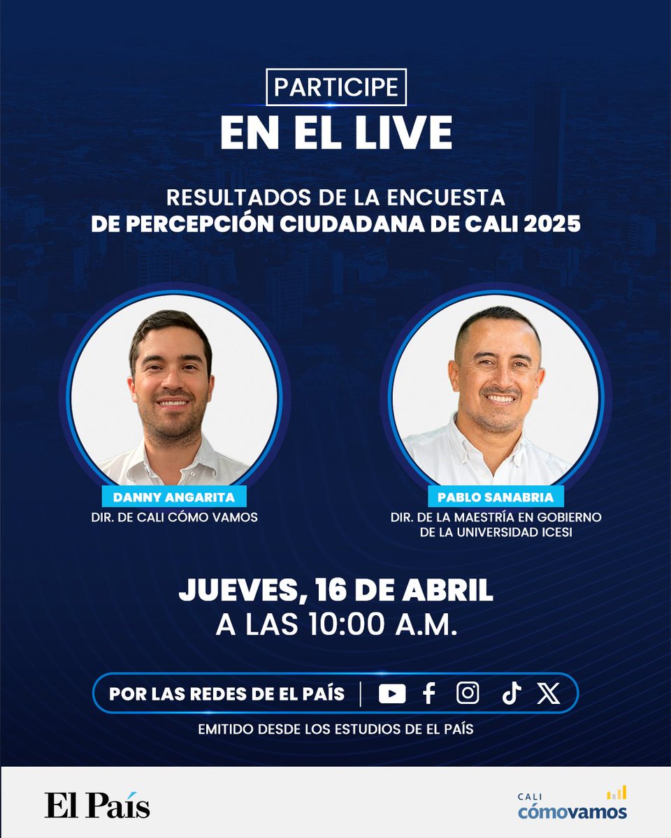elpaiscali's tweet image. 📌 ¿Cómo ven los caleños su ciudad?
Conéctate al live donde expertos analizarán las principales problemáticas de Cali.

📲 Conéctese EN VIVO este 16 de abril por nuestras redes sociales.
🕙 10:00 a. m.

#Cali #Protagonistas #AlcaldíadeCali #CaliCómoVamos