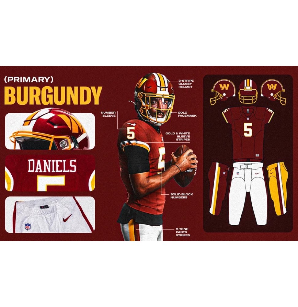 TheDMVDaily's tweet photo. The Washington Commanders are blending past and present with their newly unveiled 2026 uniforms, bringing back their iconic “Super Bowl-era” burgundy and white looks as primary designs while introducing modern updates.

The refreshed lineup features classic burgundy and white jerseys paired with gold pants, a gloss burgundy helmet with a gold facemask, and bold block-style lettering inspired by the franchise’s historic success. These elements build on last season’s throwback alternates, now elevated to full-time status.

The team also introduced a new all-black alternate uniform called the “Hail Raiser,” complete with a matte black helmet and spear-inspired “W” logo, symbolizing strength, leadership, and a modern identity.

This marks the franchise’s first major uniform update since rebranding in 2022, combining nostalgia with a forward-looking design.

📸 @commanders