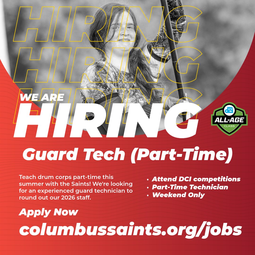 ColumbusSaints's tweet image. Teach Drum Corps! We're looking for a part-time color guard tech to round out the 2026 staff! columbussaints.org/jobs #wgi #colorguard #dci #marchingband #dance