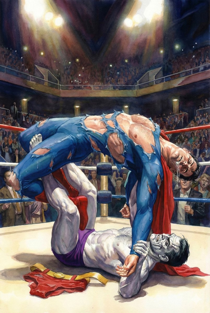 Bizarro hit the already defeated Superman with the infamous Surfboard Stretch!!! He even yanked Superman’s underwear down and did it again. Fans in the arena and in front of their TVs got to watch the Man of Steel reduced to a pathetic pile of limp flesh. What a humiliation!