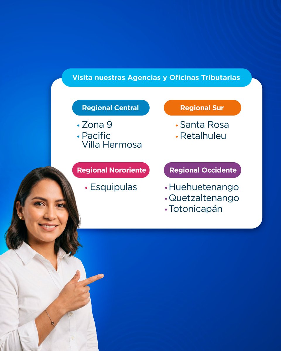 SATGT's tweet image. ⏰ ¿Necesitas realizar un trámite en #SAT este sábado 1⃣8⃣? 

Estaremos atendiéndote en 8 puntos a nivel nacional, de 8:00 a 12:00 horas, sin cita, para facilitar tu cumplimiento voluntario.

🙋‍♀️🙋‍♂️ Acércate a las siguientes Agencias u Oficinas Tributarias:
🔵 Zona 9
🔵 Pacific