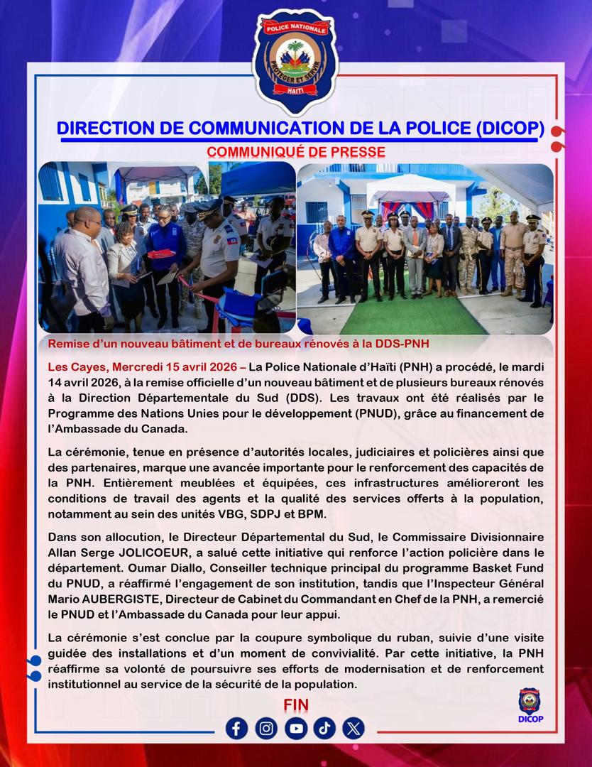 pnh_officiel's tweet image. 🇭🇹 La PNH remet un nouveau bâtiment &amp;amp; plusieurs bureaux rénovés à la Direction Départmentale du Sud. Réalisés par le PNUD grâce au financement du Canada 🇨🇦, ces infrastructures vont améliorer les conditions de travail des agents &amp;amp; services aux citoyens. #PNH #PNUD #Sécurité #DDS