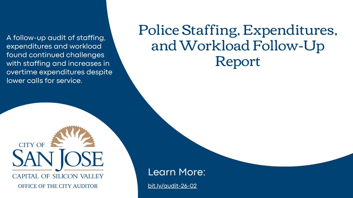SJaudit's tweet photo. A follow-up audit of Police staffing, expenditures and workload found continued challenges with staffing and increases in overtime expenditures despite lower calls for service. Read the #audit: https://t.co/0dpEyuKBQp https://t.co/Tyr2s7IkxH