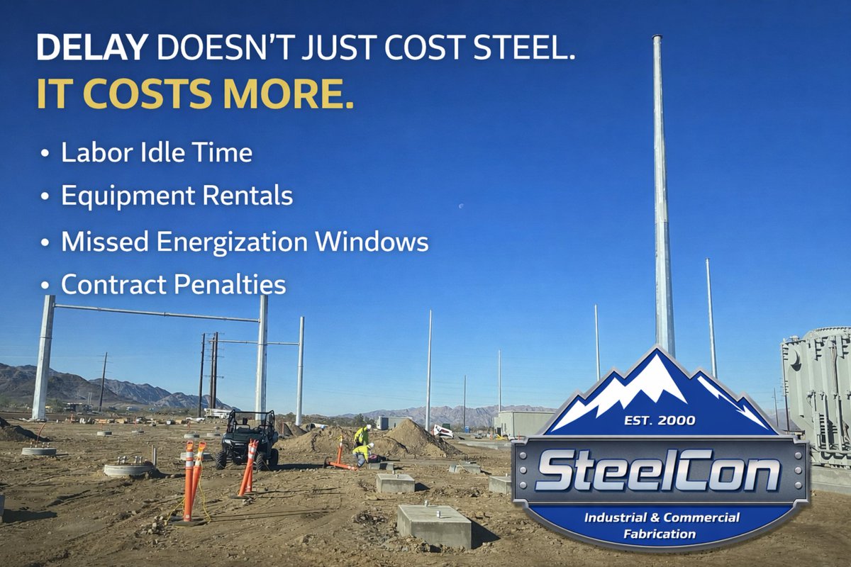 SteelconHV's tweet image. Fabrication delays don’t just cost steel.

They cost:
• Labor idle time
• Equipment rentals
• Missed energization windows
• Contract penalties

The visible cost is steel.
The real cost is momentum.

Reliability is undervalued until it disappears.

#GridReliability