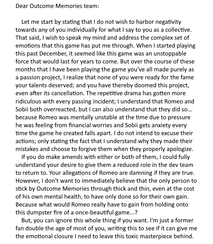 Numbuh214's tweet photo. @0utcomeMemories 

An open letter to everyone with access to this account, except PR and nullvix.

I wish to make clear to anyone reading, dev or not: I am not upset. I am simply exhausted. I still love this game, despite also kinda regretting ever having played it more than LoL. https://t.co/3yDjuXbHsK
