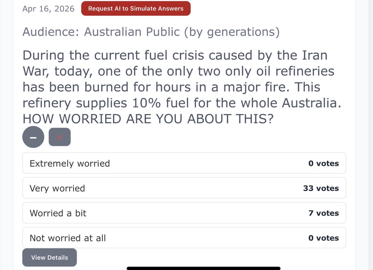 SammyRadio7's tweet photo. @DrewPavlou ALL Australians Worried about the refinery fire today. I used this Poll Simulator web app https://t.co/cvRSyWrwrj to quickly flip an opinion poll with AI simulation. Massive majority of Australians are VERY WORRIED. https://t.co/4mFGZulcY0