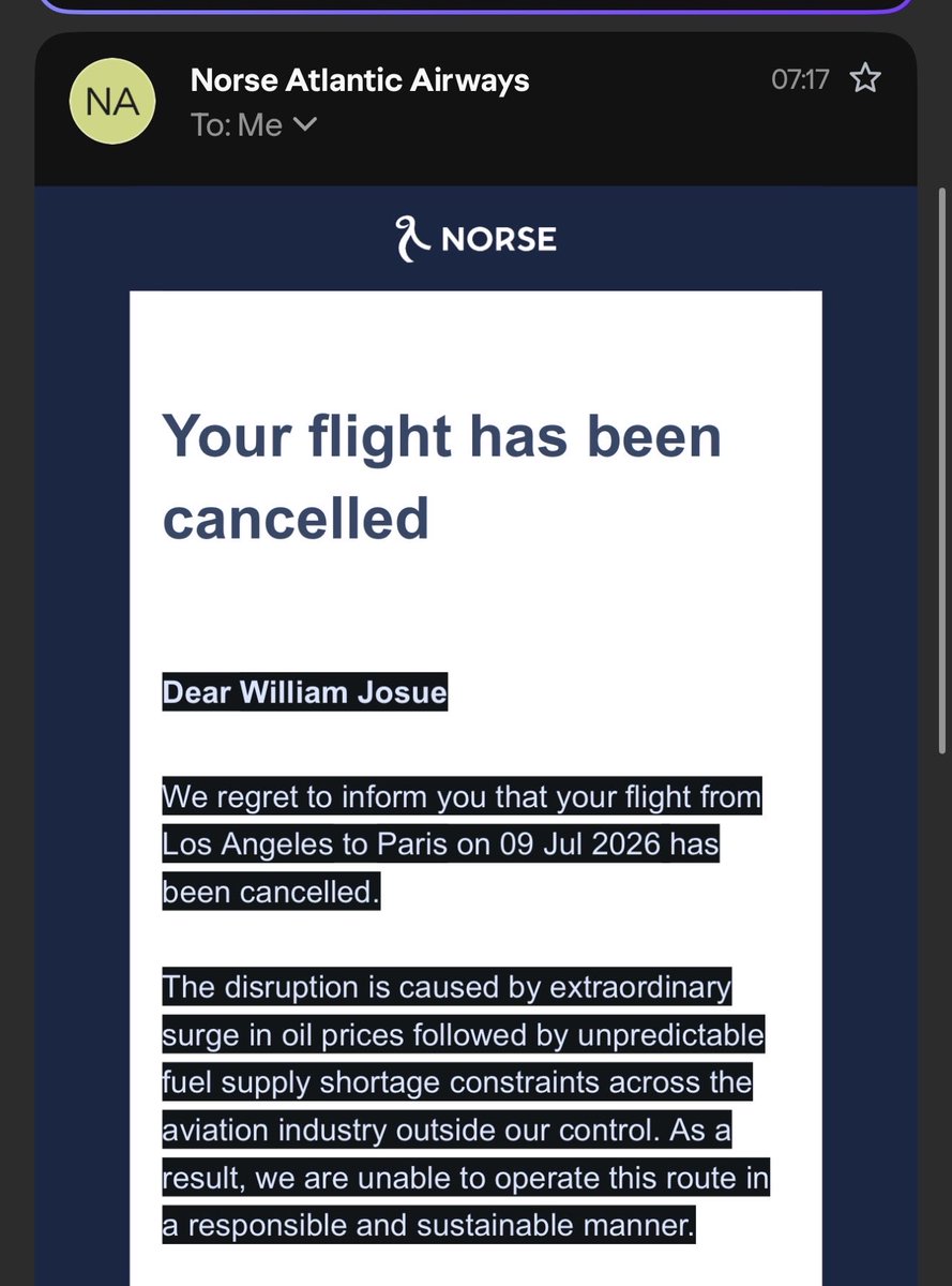 Not <a href="/flynorse/">Norse Atlantic Airways</a> cancelling our flight because of the oil prices…. Crazy… #Norse #NorseAirways
