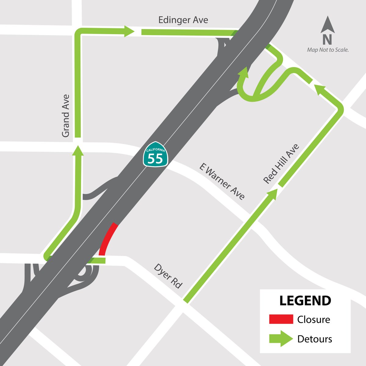 Crews are expected to reconstruct the NB Dyer Road straight on-ramp, which will require an extended closure of the ramp. During this period, crews are also expected to perform an extended closure of the NB SR-55 outside lane between Dyer Road and Warner Avenue for paving work.