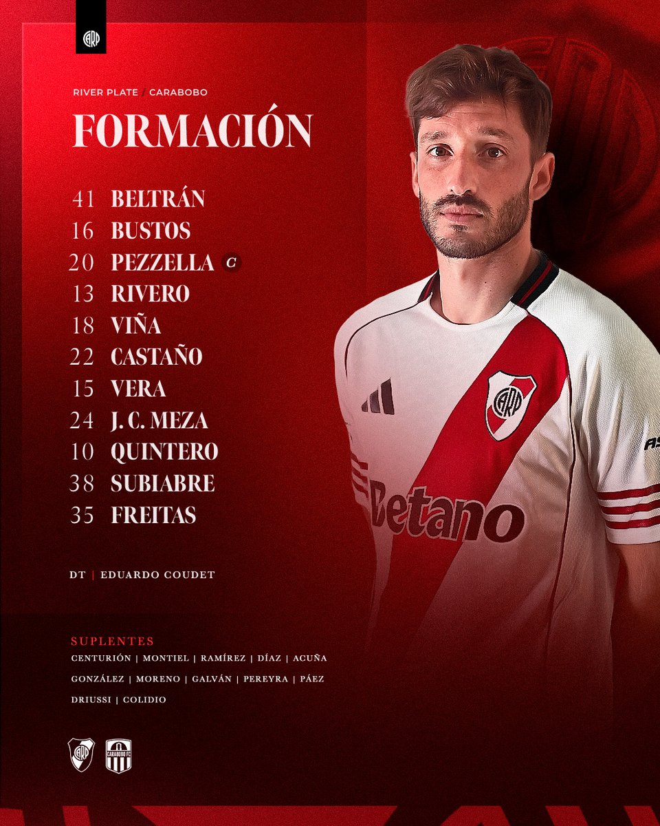 📋 Los 11 de River para esta noche frente a Carabobo en el Mâs Monumental ⚽️

#VamosRiver ⚪️🔴⚪️