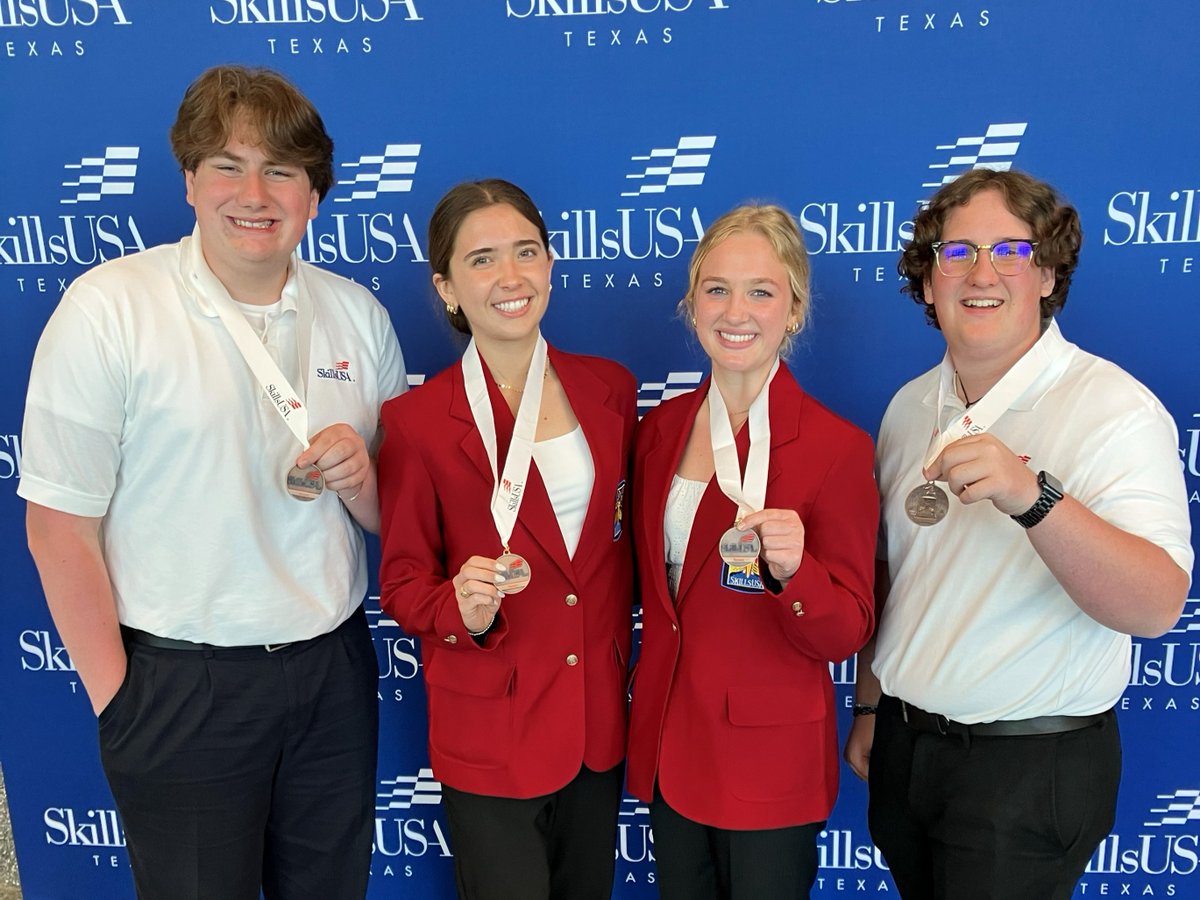 RichardsonISD's tweet photo. Our @RISD_CTE students had an incredible time at the state @SkillsUSA competition in Corpus Christi! 

@bhsstem 
🏆 Congratulations to the Berkner High School Senior 3D Animation Team, Dat Nguyen & Lorena Araujo, who took Gold and officially qualified for Nationals this June in Atlanta! (Teacher - Idabel Torres)

@RichardsonHS1 
🥉 3rd place bronze medal for Video News Production: Maggie Monroe, Ellie Cole, Dylan Kahn, Ryan Schwope (Teacher - Laura Cates)

@JJPearceHS
🥉 3rd place bronze medal for Audio Production - Maddox Ginsberg and Prajin Towja (Teacher - Francisco Tristan)

🌟 All 8 Construction students who advanced to State received a blue ribbon for their furniture pieces: Trevor Brandt, James Hale, Adam Vitek, Jonah Goldstein, Nick Weems, Pearse Halsell, James Hall, and John Willingham (Teacher - Abby Kraemer)