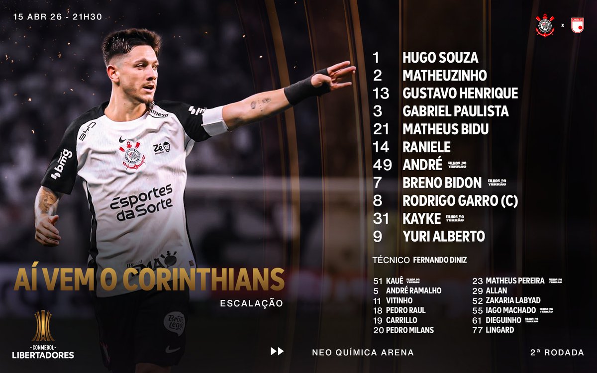 Esta é a escalação do Sport Club Corinthians Paulista para a noite de CONMEBOL Libertadores. 📋🏴🏳️

#SCCPxSFE
#VaiCorinthians