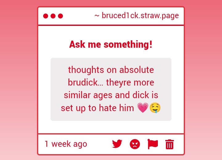 1Iuffy's tweet photo. i will mourn their no longer exists sexy age gap sighh but !!! the concept of dick bearing real hate to bruce is 🤤 also abs dick is a medic this is literally the classic trope tending the wounds of ur enemy so yess ill be there for brudick enemies to lovers agenda https://t.co/94y3fko6NO