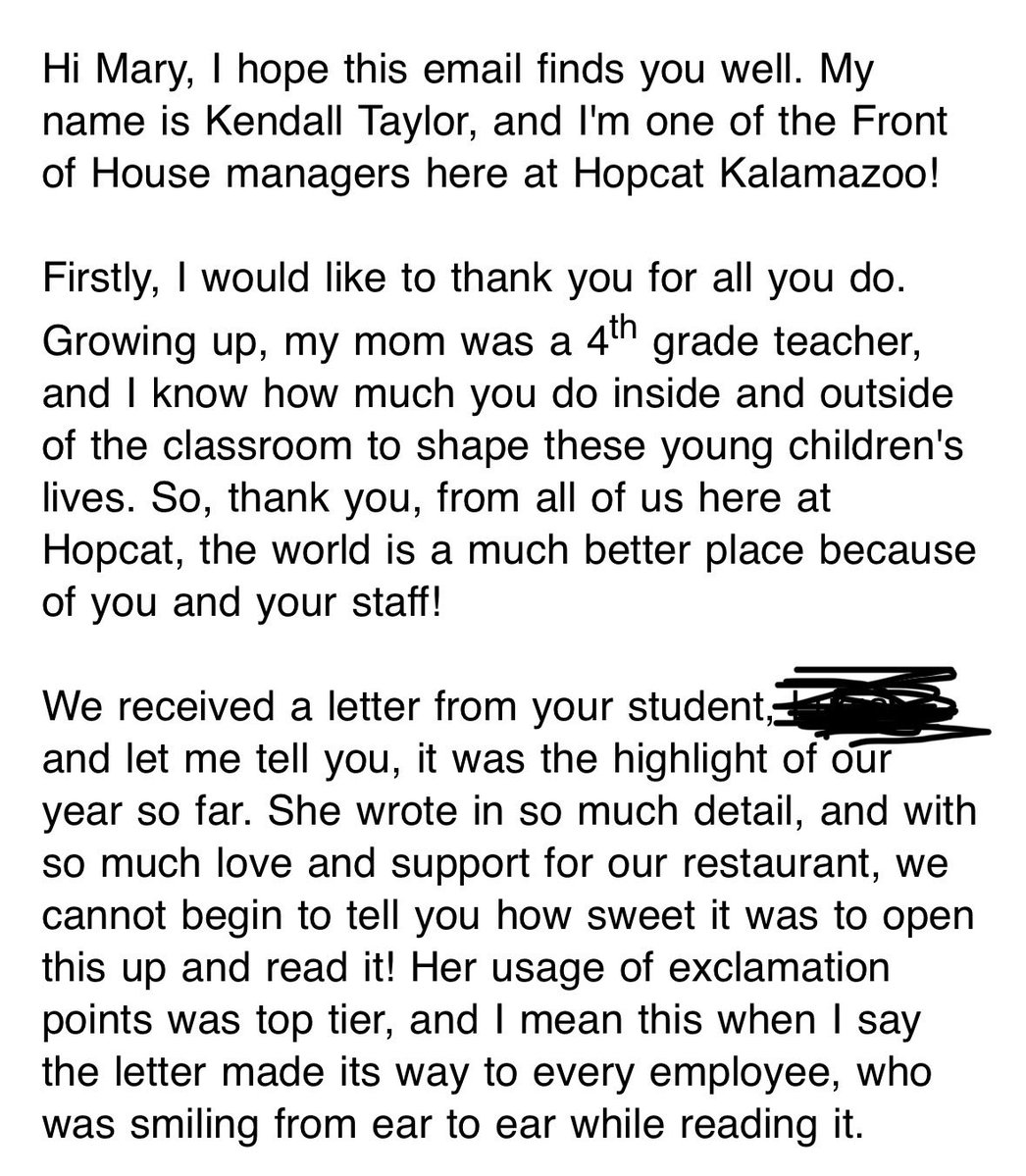 MrsBarringerGL's tweet image. One of my favorite yearly traditions is having students write persuasive letters to their favorite businesses! It’s especially fun when we hear back and makes our writing so meaningful! Thank you to @HopCatKalamazoo for being so supportive! #GoGullLake #GLCSRyan