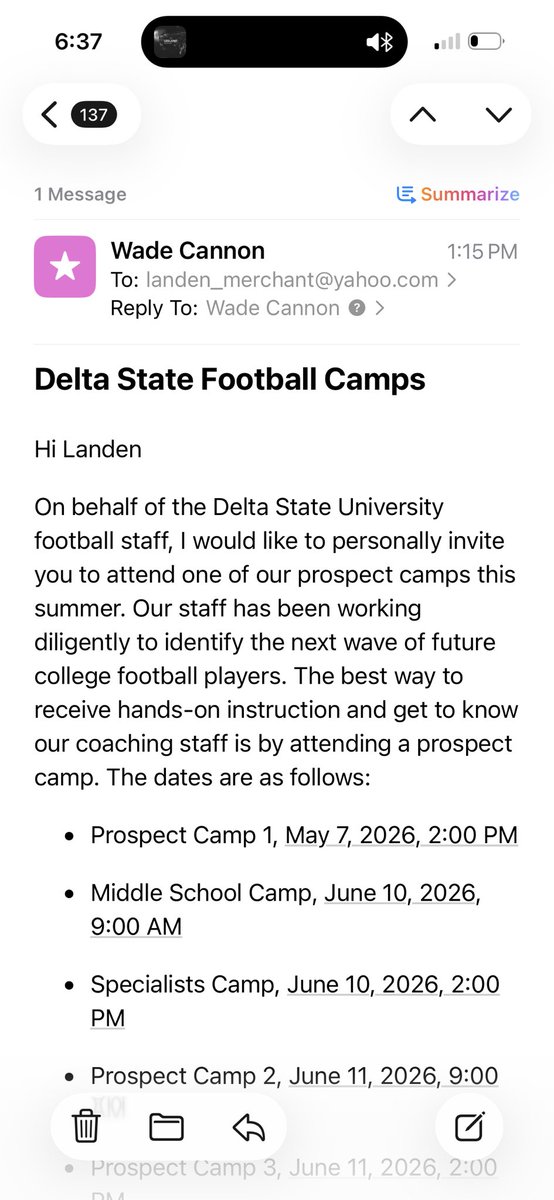 Thank you to <a href="/CoachWadeCannon/">Wade Cannon</a> for the invite to the prospect camps!!! <a href="/CliettCody/">Coach Cliett</a> <a href="/MrCoachCampbell/">Michael Campbell</a> <a href="/DSUStatesmen/">Delta State Athletics</a> <a href="/CalHSFootball/">Caledonia Football</a> <a href="/PrepRedzoneMS/">Prep Redzone Mississippi</a>