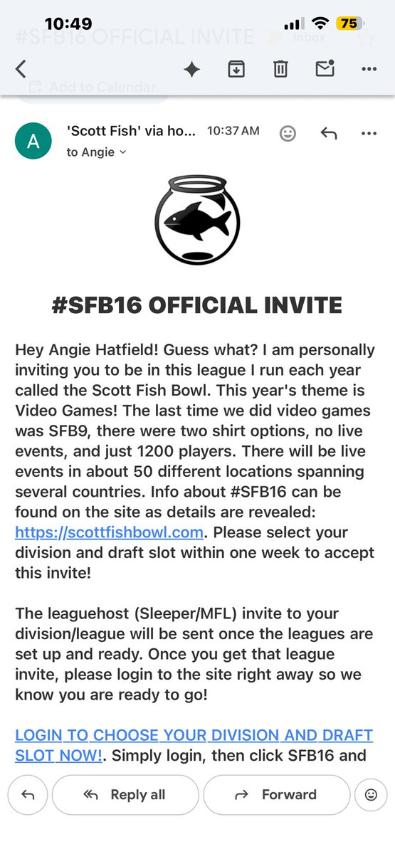 GridironAngie's tweet image. It is always an honor to get this email! Thanks @ScottFish24, @FantasyCaresOrg and the whole team who works around the clock to make this an amazing tournament for fantasy players all over the world. Also stoked to be bringing #SFB16 Boise Live to Idaho for the first time.