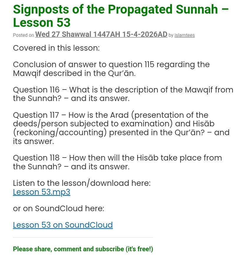 Signposts of the Propagated Sunnah Regarding the Creed of the Saved and Aided Group – Lesson 53 Recording 

🎧 Listen here: 

islamtees.uk/2026/04/15/sig… 

or on SoundCloud: 

soundcloud.com/islamtees/sign… 

All previous lessons can be found here:
islamtees.uk/audio/aqeedah/… 

or in this