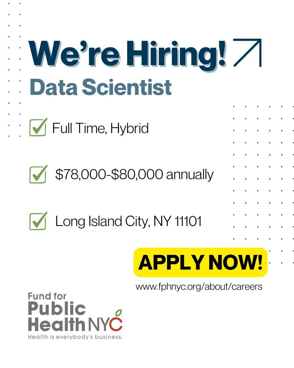 FPHNYC's tweet image. 🔥 Hot Job Alert! 🔥 We’re #hiring a Data Scientist to join our team. Ready to grow? 

Apply: bit.ly/4crz46m
💼 Full Time/Hybrid
💰 $78,000-$80,000 annually
📍 Long Island City, NY 11101

#NowHiring
#JobOpening
#HiringNow
#JobSearch
#Careers