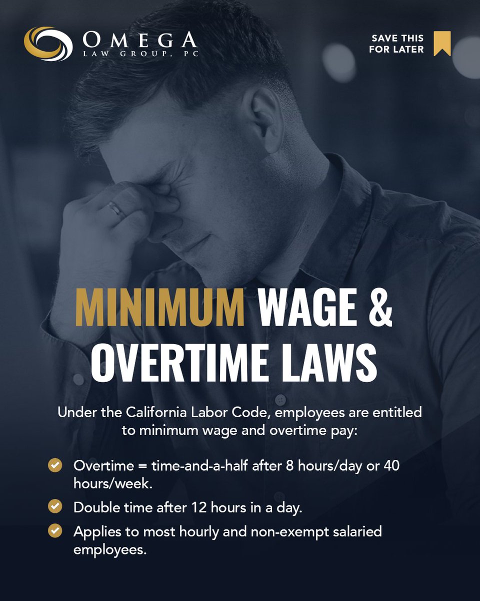 OmegaLawGroup's tweet image. Most employees in CA don’t realize how many rights they have until something goes wrong. ⚖️ Think this might be happening to you? Our employment team is here to help. Call us with any questions at 424-210-9664. 

#EmploymentLaw #WorkersRights #Employees #LaborLaw