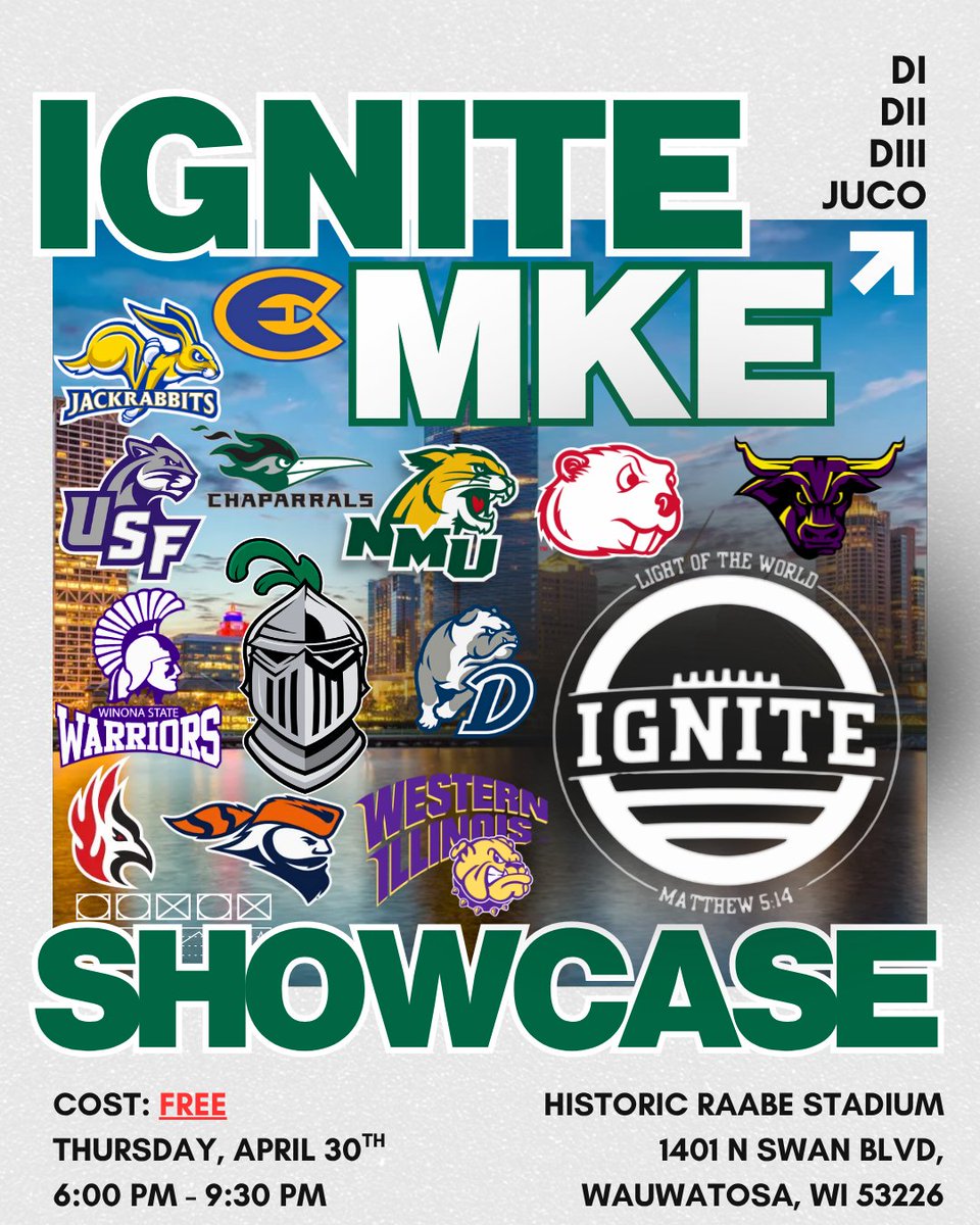 WLC_Football's tweet photo. 🚨WE ARE OFFICIALLY 2 WEEKS AWAY FROM THE 2026 IGNITEMKE SHOWCASE!🚨

🔥Don't miss the Midwest's Premier FREE Showcase at Historic Raabe Stadium on Thursday, April 30th!

🔥Compete in front of DI, DII, DIII, NAIA, & JUCO Coaches!!!

🔥Sign up NOW! https://t.co/oar1djUMIk

#NoGreaterLove | #ArmorUp