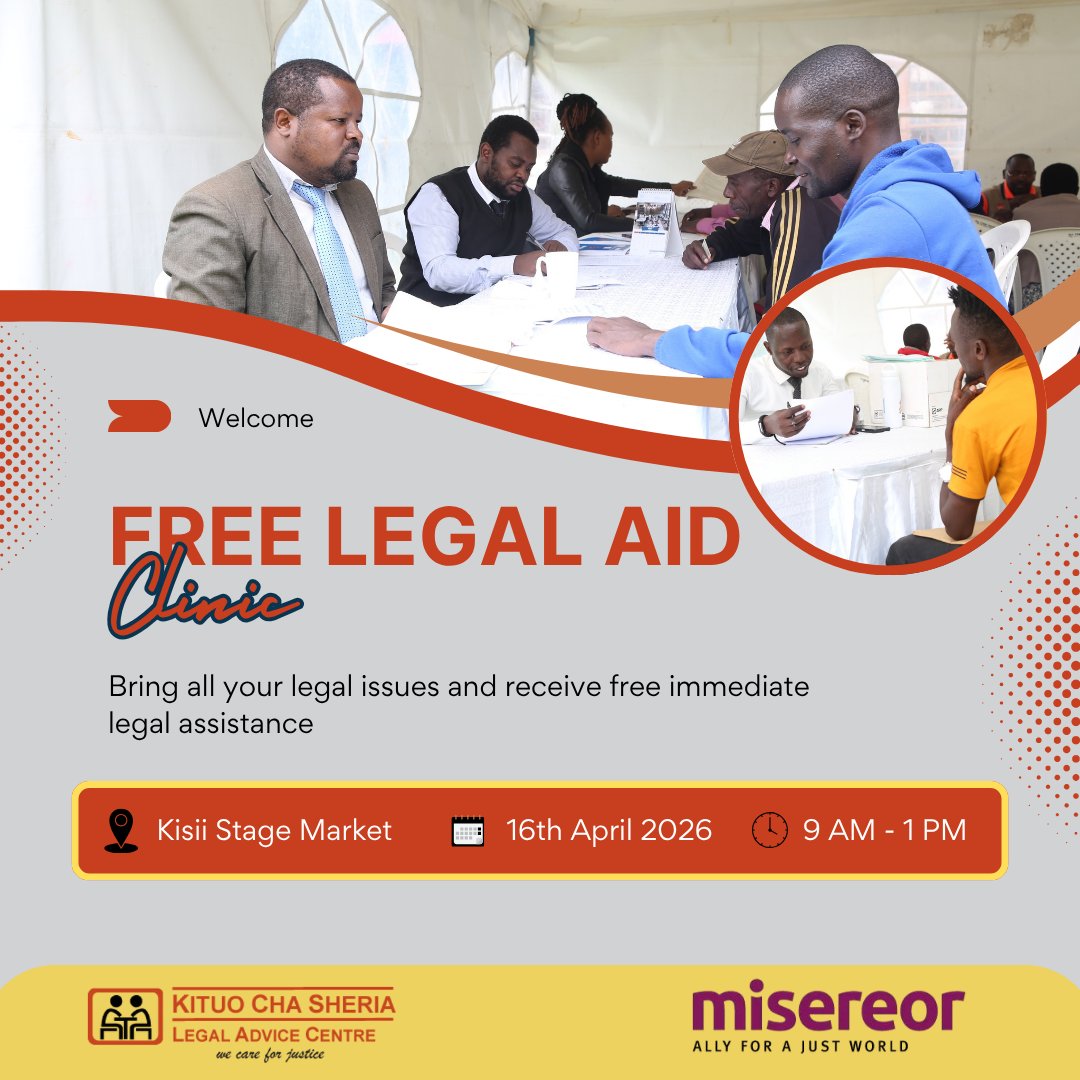 KituoSheria's tweet image. Join us for a Free Legal Aid Clinic at Kisii Stage Market tomorrow, 16th April 2026, from 9:00 AM – 1:00 PM. Our advocates and paralegals will be on the ground to provide free, immediate legal assistance, guidance, and support on a wide range of legal issues.
#AccessToJustice