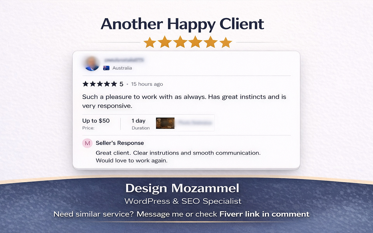 MozammelDesign's tweet image. Another happy client ⭐⭐⭐⭐⭐  

“Great instincts and very responsive.”  

WordPress | SEO | Speed Optimization  
+ Vintage Map &amp;amp; Image Restoration  

💬 DM me  
🔗 Link in comment

#WordPress #SEO #Freelancer