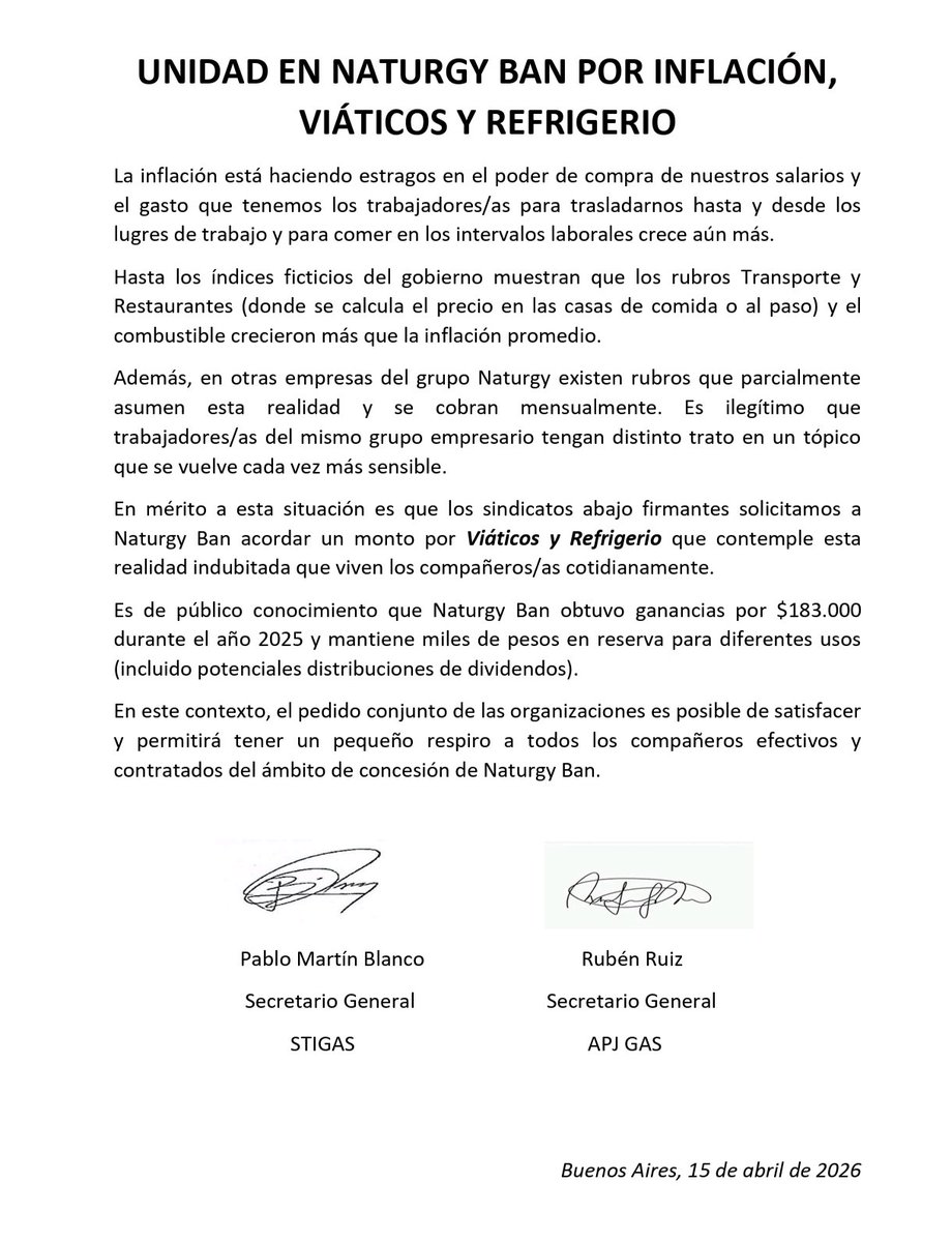 Compartimos el comunicado conjunto de los sindicatos del ámbito de <a href="/NaturgyBAN/">Naturgy BAN</a> en unidad por el salario, el viático y el refrigerio
