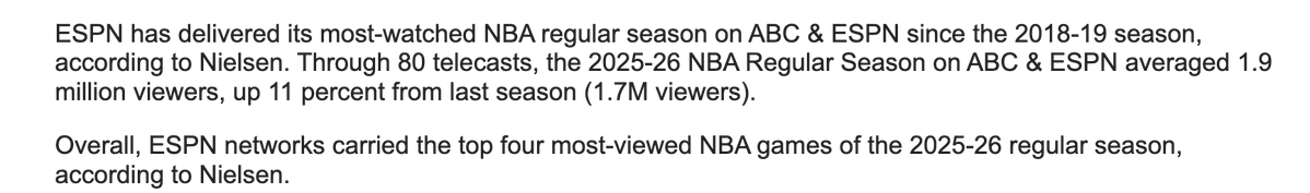 These viewership numbers for the NBA this season as well as the $76 billion media rights contract they signed  has me thinking this league is going to fold next year. 

It's over for the NBA.
