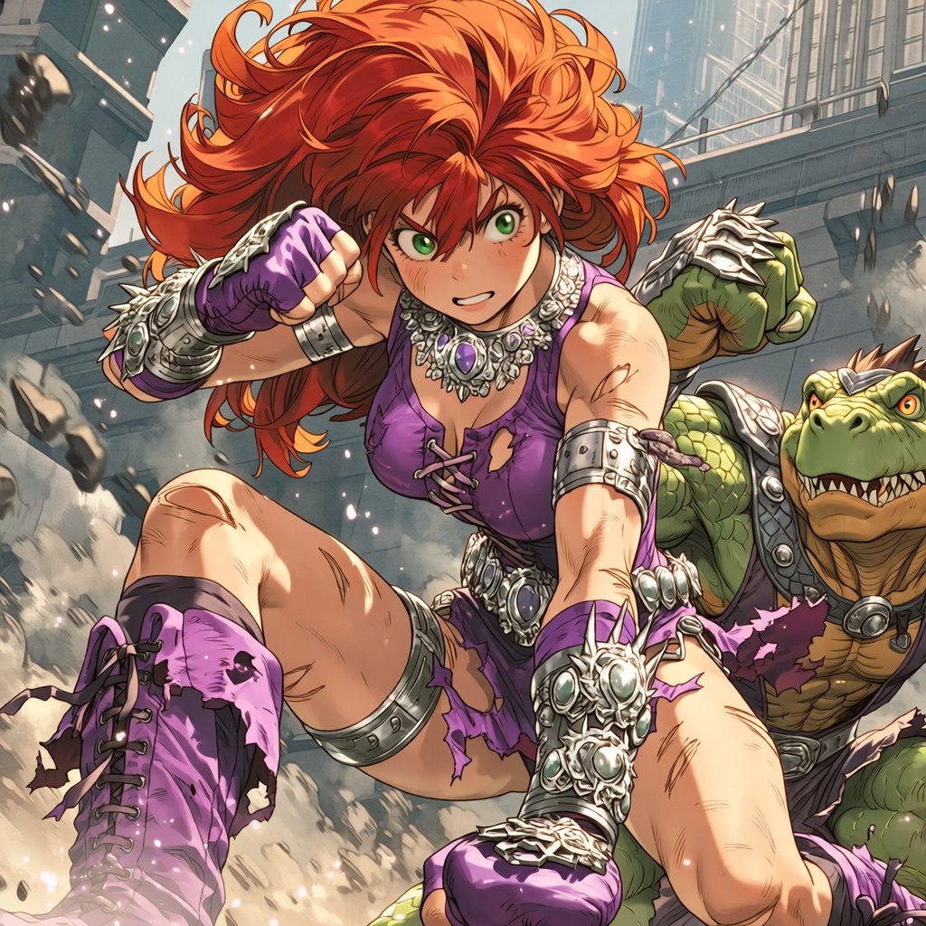 JohnSmith_EiS's tweet image. Battling the Lizard Men of Vega VII.
Inspired by Starfire from DC Comic's Teen Titans.
#superhero #superheroine #AIart #AIイラスト