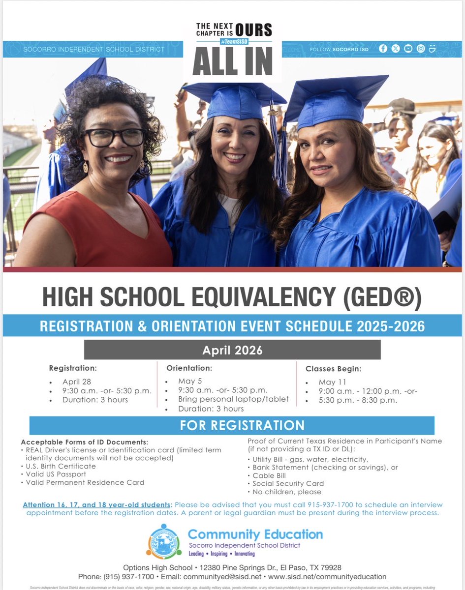 MJoCommEd_ADM's tweet photo. Do you know someone who needs their GED? @SISD_CommEd is registering on April 28. Come join our Fast Track program and get your GED fast! Classes available in English and in Spanish. #TexasAEL #SISD #All_In @borderplexjobs @SISD_ES @SISD_Espanol @SISD_PR https://t.co/E8b9VHqrSv