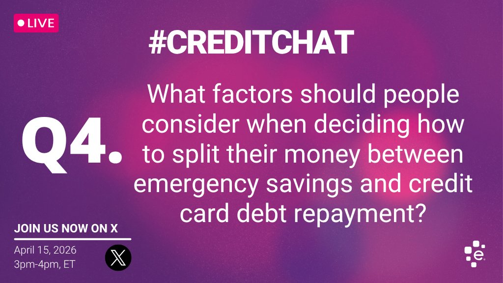 Experian's tweet photo. Q4. What factors should people consider when deciding how to split their money between emergency savings and credit card debt repayment? #CreditChat https://t.co/I62tLfZ8sS
