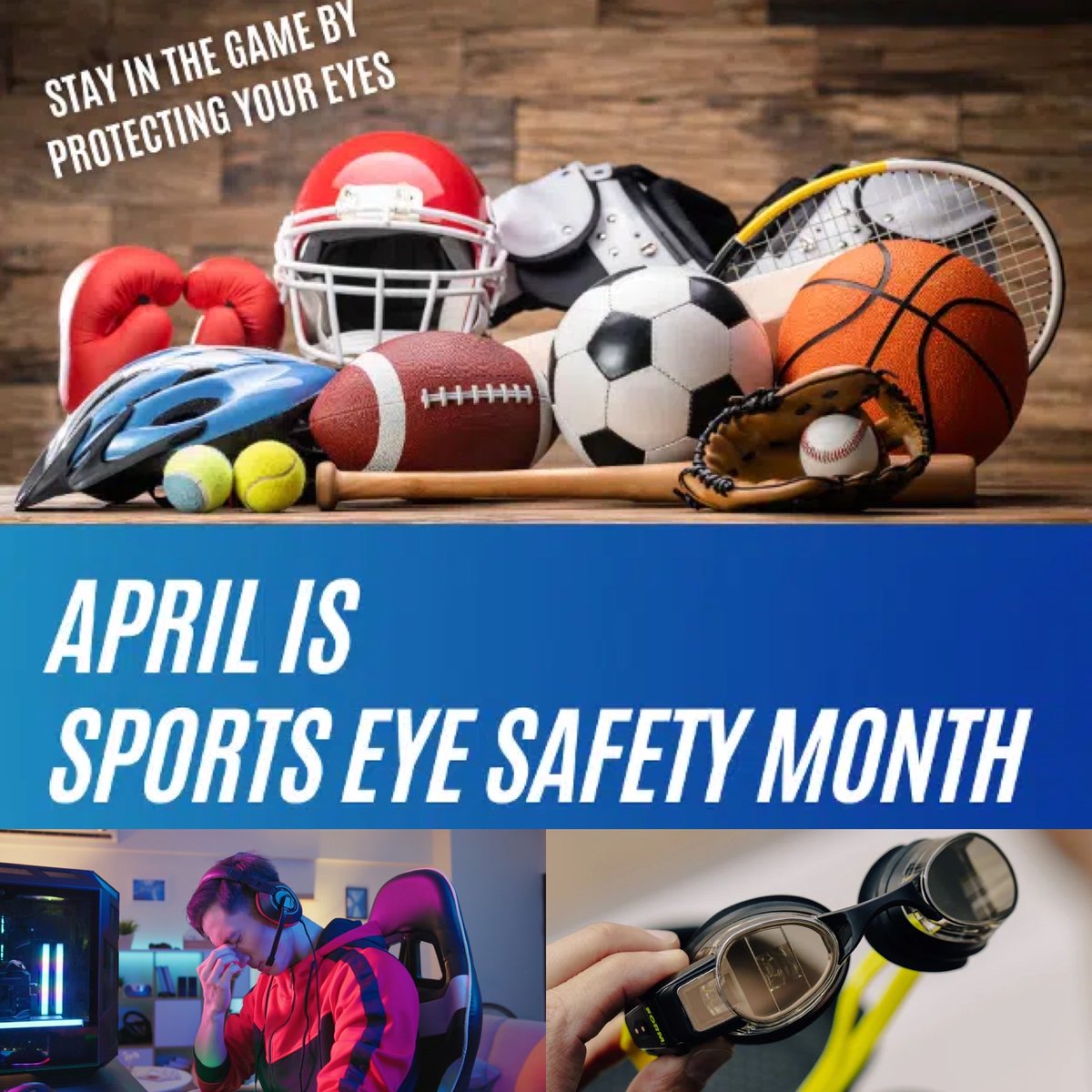 April is #sportseyesafetymonth ⚽️ 🏒 🏈 🏊‍♀️ 🥎🏐⚾️⛸️🏂⛷️🚴🏾‍♂️🎮

Trust our optometrists and skilled team of professionals to help you protect your eyes; share with us, ask us questions, we’re here to help!