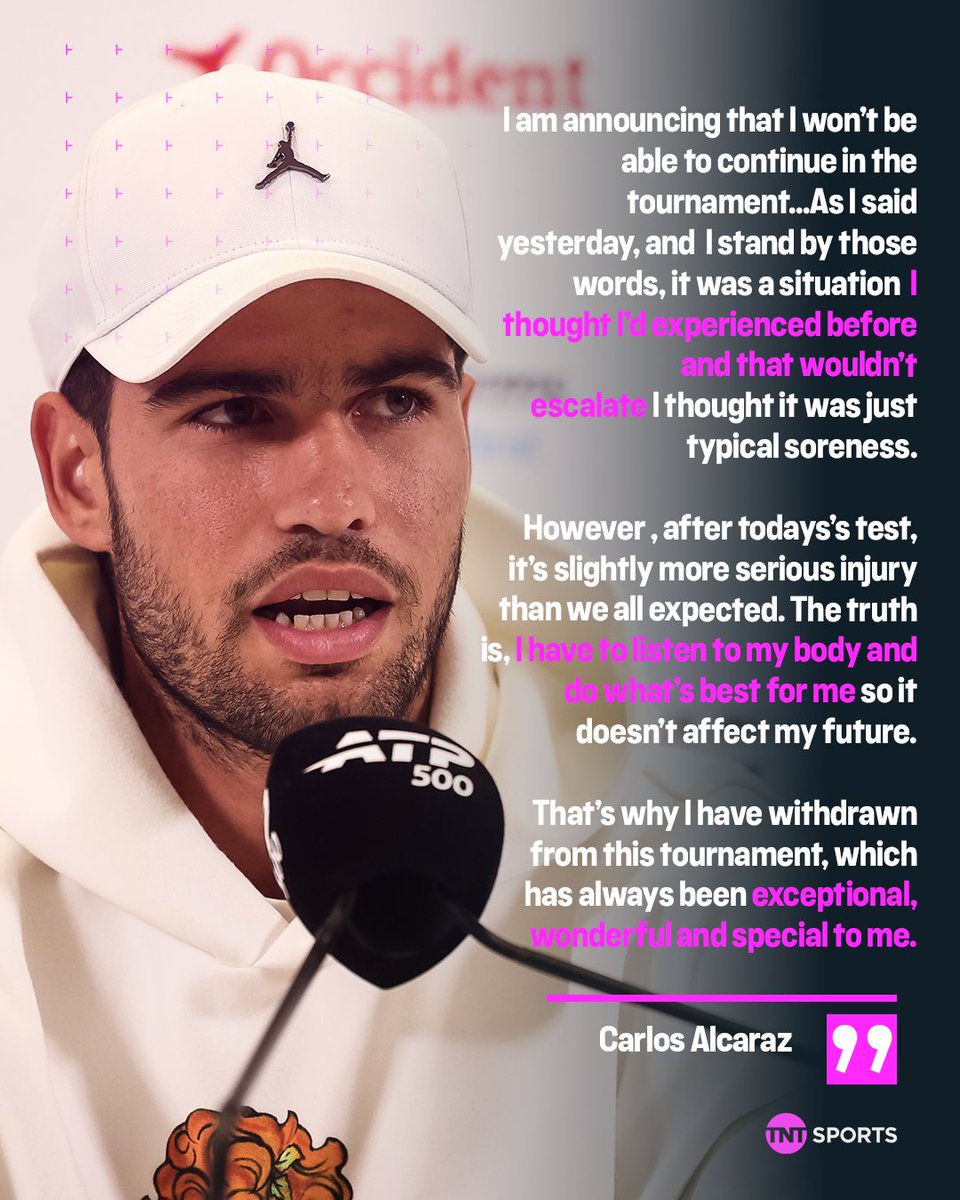 tntsports's tweet photo. Carlos Alcaraz has announced his withdrawal from the Barcelona Open 😲

The World no.2 injured his wrist in his opening round tie against Otto Virtanen and is now returning home to begin recovery ahead of his next tournament. https://t.co/AFbsaXItNQ
