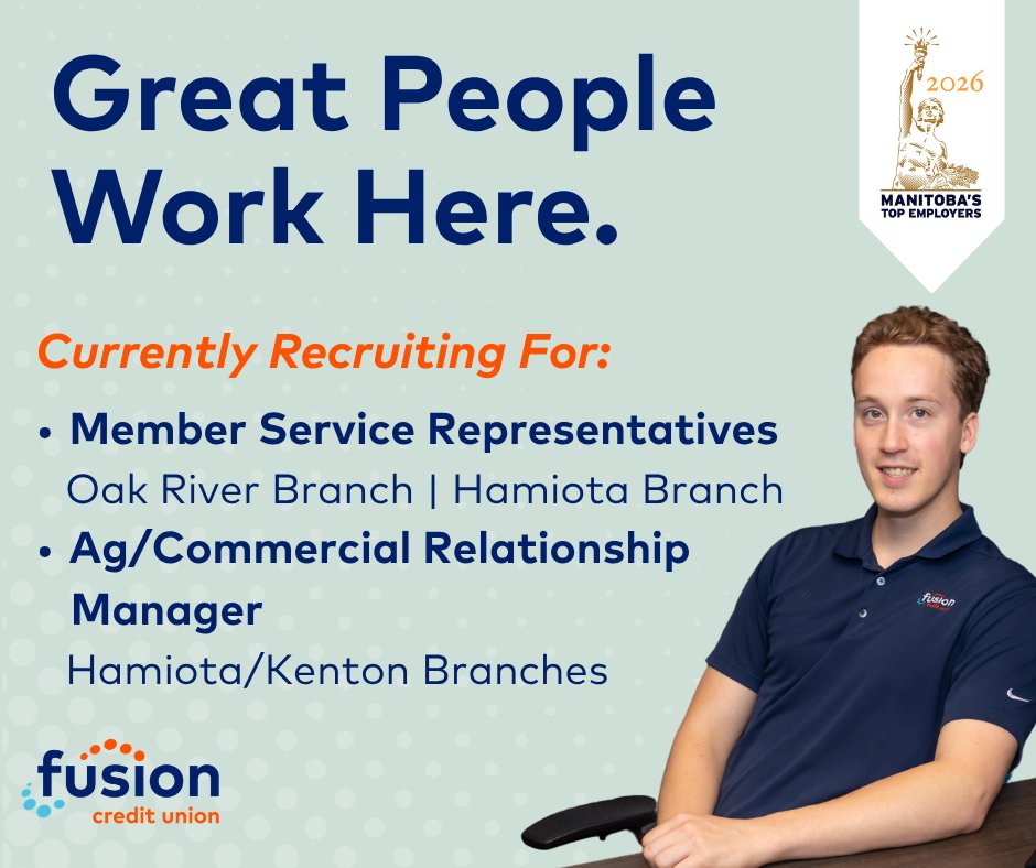 FusionCU_MB's tweet photo. We're hiring!

↪️ Member Service Representative - Part Time Permanent - Oak River
↪️ Member Service Representative - Full Time 10 Month Term - Hamiota
↪️ Ag/Commercial Relationship Manager - Hamiota/Kenton

Learn more ▶▶ https://t.co/uW0drNGaJm https://t.co/leXptc1ewO