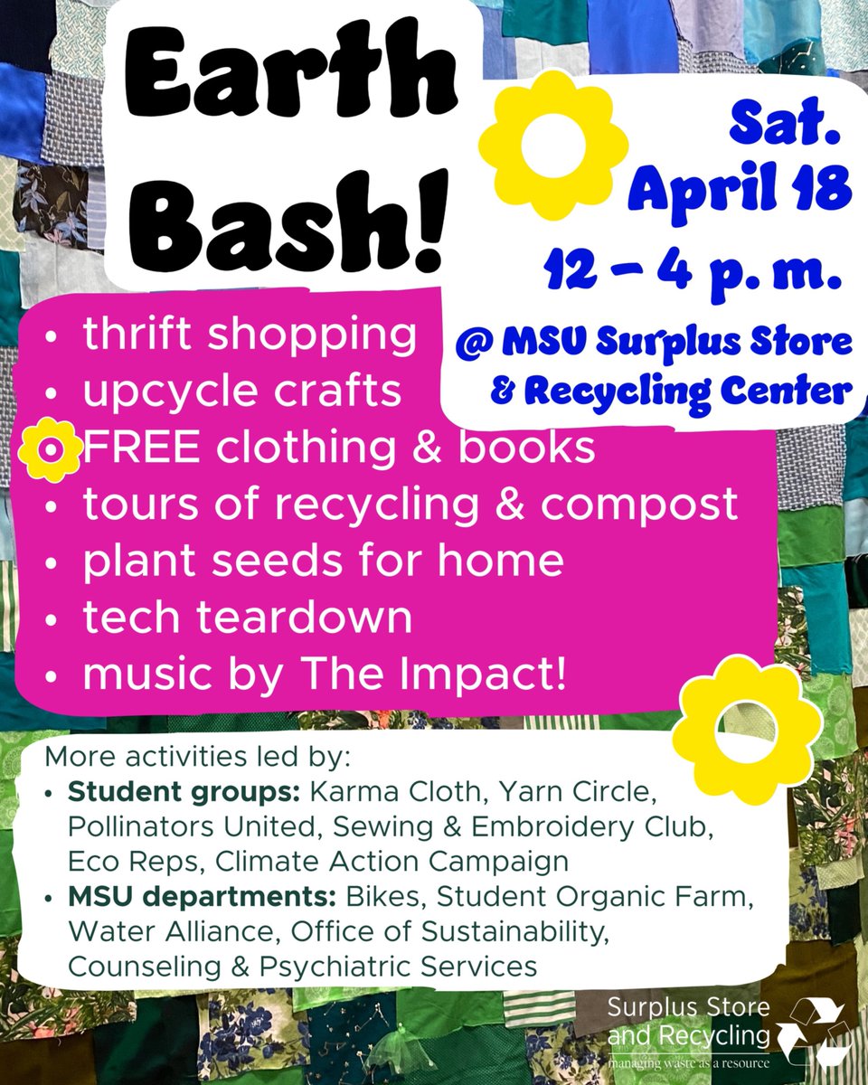 msu_alliance's tweet image. Celebrate Earth Month at MSU’s Earth Bash 🌎 ♻️

🗓 Saturday, April 18 | 12–4 p.m.
📍 MSU Surplus Store &amp;amp; Recycling Center

Thrift, upcycle, grab FREE clothes &amp;amp; books, and tour recycling + compost!

#MSU #Sustainability #Reuse #Recycling #MSUWaterAlliance #EarthDay #EarthBash