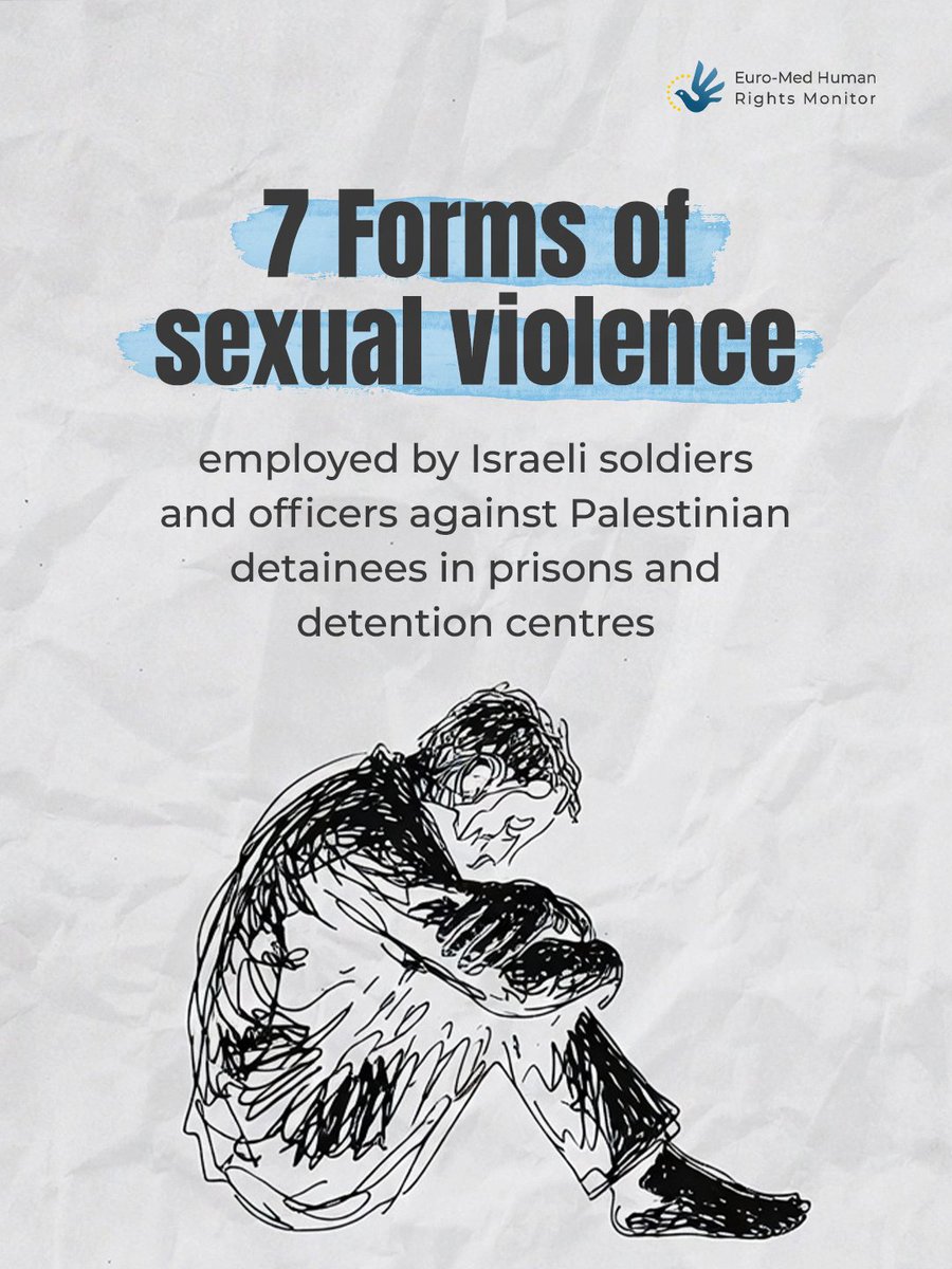 EuroMedHR's tweet image. Over the past two years, Euro-Med Monitor’s team conducted hundreds of interviews with released Palestinian detainees from the #Gaza Strip. Based on their testimonies, we documented 7 main forms of systematic sexual violence in Israeli prisons and detention centres

Thread 🧵