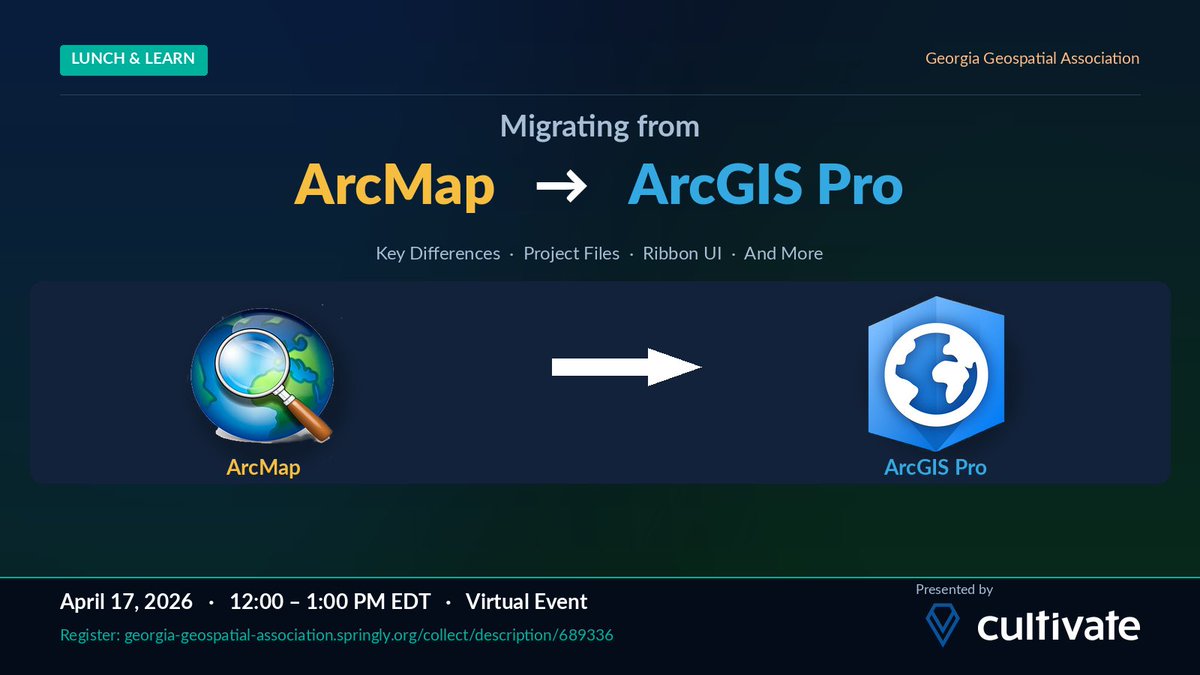 trippcor's tweet image. Join me this Friday for the Central Savannah River Area Chapter of Georgia Geospatial Association free Virtual Lunch and Learn of the Year as I present on Migrating to ArcGIS Pro. Go to …a-geospatial-association.springly.org/collect/descri… to register for this free event. #ArcGISPro
