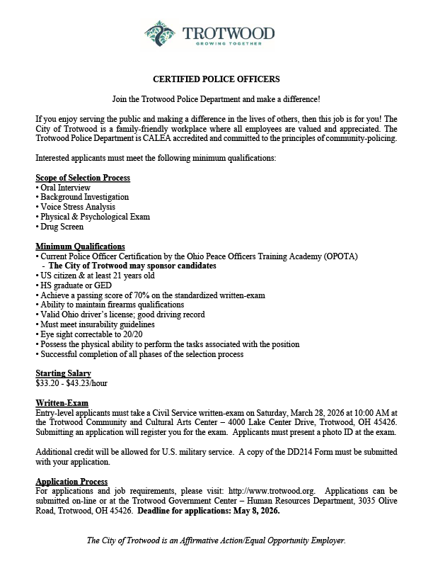 OhioFRRW's tweet photo. 🚨 HIRING OPPORTUNITY🚨 

The Trotwood Police Department is hiring for certified police officers. Deadline to apply is May 8th. For applications and job requirements, please visit: https://t.co/6xEMCC45Qm https://t.co/BaBasb5eCx