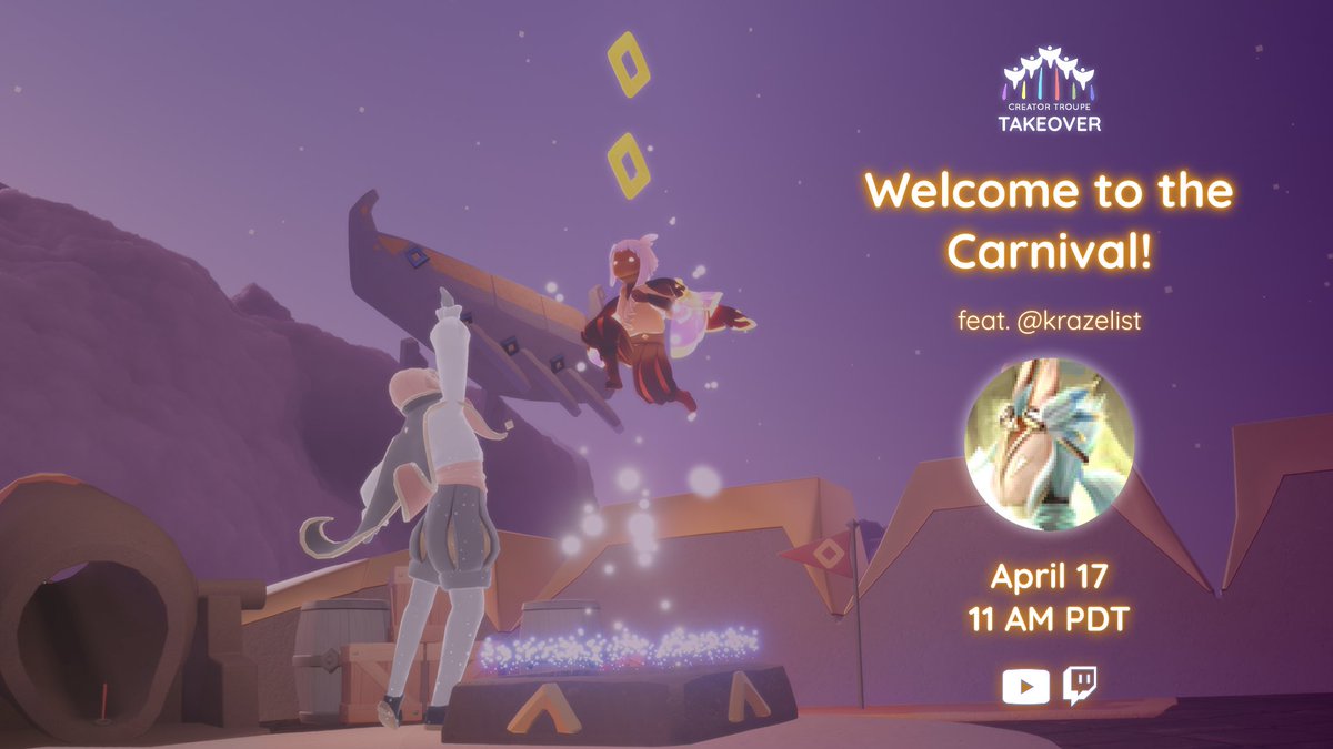 thatskygame's tweet image. The Wandering Carnival has arrived in Sky! Come explore all that the Carnival has to offer together with Krazelist 🎪

⏰  April 17 @ 11am PT

→YouTube: bit.ly/thatskygame_YT
→Twitch: bit.ly/thatskygame_Tw…