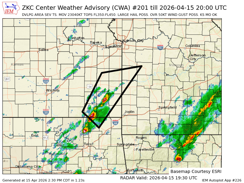 iembot_zkc's tweet image. ZKC issues CWA 201 till 15 Apr 2000Z ... DVLPG AREA SEV TS. MOV 23040KT TOPS FL350-FL450. LARGE HAIL POSS. OVR 50KT WIND GUST POSS. KS MO OK mesonet.agron.iastate.edu/p.php?pid=2026…